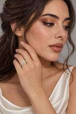 Load image into Gallery viewer, Maylaya Gems 1.134 ct Round Bezel Double Halo Lab-Grown Diamond Ring — AI-generated young adult model in eveningwear / ภาพจำลองนางแบบสวมเครื่องประดับด้วย AI

