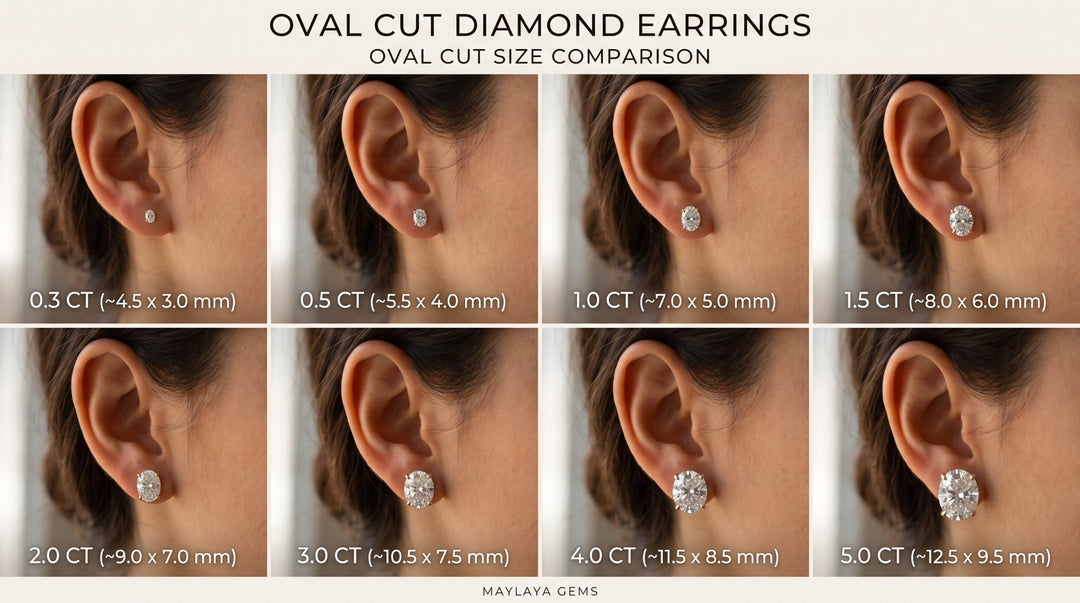 Maylaya Gems oval diamond earring size reference — carat weight per stone and approximate millimetre dimensions, not total pair weight.