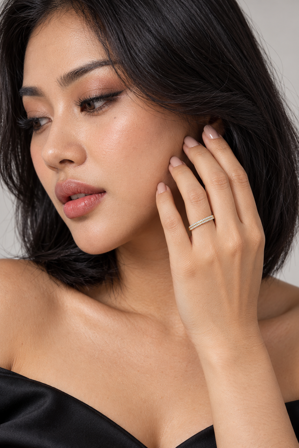 Maylaya Gems 0.304 ct Double Row Pave Lab-Grown Diamond Band — AI-generated young adult model in eveningwear / ภาพจำลองนางแบบสวมแหวนด้วย AI