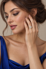 Load image into Gallery viewer, Maylaya Gems 1.47 ct Marquise Tapered Baguette Trilogy Lab-Grown Diamond Ring — AI-generated young adult model in eveningwear / ภาพจำลองนางแบบสวมแหวนด้วย AI
