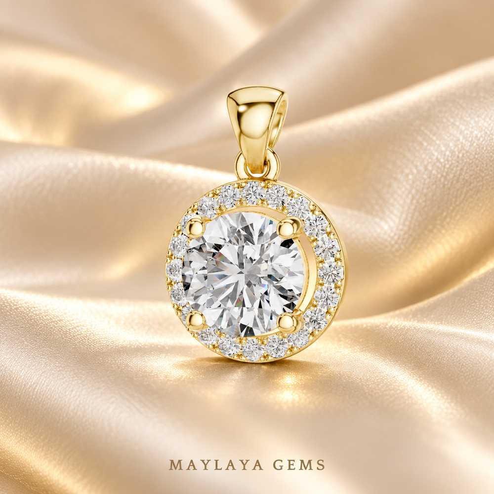 Maylaya Gems yellow-gold halo diamond pendant on champagne satin