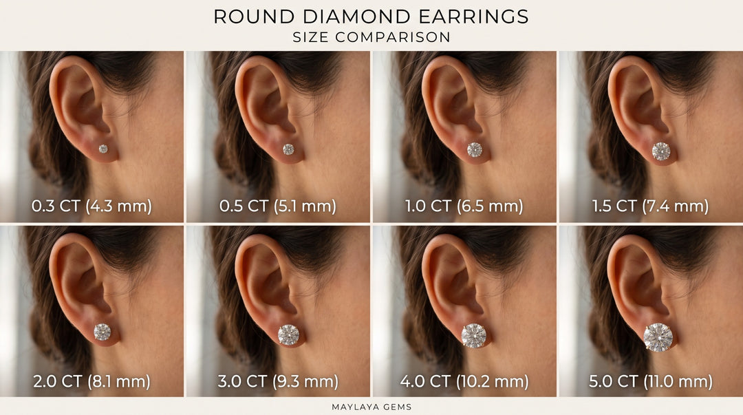 Maylaya Gems round diamond earring size reference — carat weight per stone and approximate millimetre dimensions, not total pair weight.