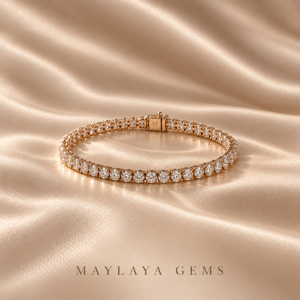 Maylaya Gems round diamond tennis bracelet in rose gold on champagne satin