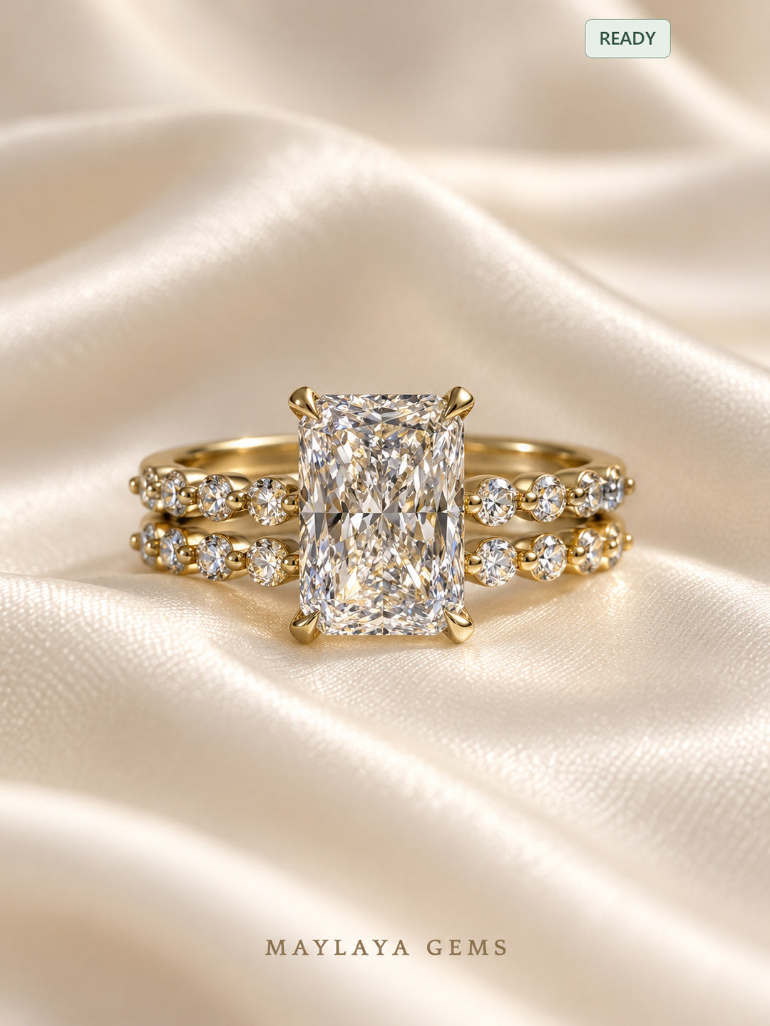 Maylaya Gems ST002 two-ring bridal set — front view